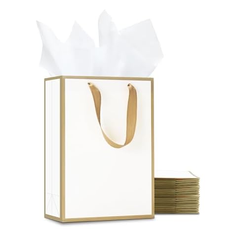 YACEYACE White Gift Bags with Tissue Paper, 20Pcs 8"x10"x4.25" White Gift Bags Bulk-Gold Frame, Medium Gift Bags for Paty,Wedding,Bridesmaid,Boutique Cover