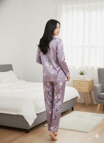 Image of Night Suit for Women with Full Sleeve Button-Down Top with Pant Dress for Woman, Night Dress for Woman, Lycra Two-Piece Loungewear Set