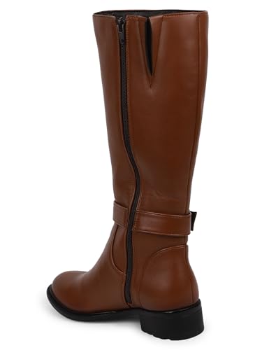 Image of ELLE Women Tan Brown Solid High-Top Block Heel Regular Boots