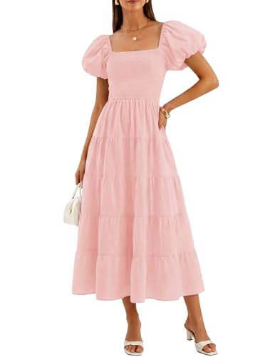 ZESICA Women's 2025 Summer Square Neck Short Puff Sleeve Solid Color High Waist Casual Smocked Flowy A Line Tiered Midi Dress,Pink,Medium