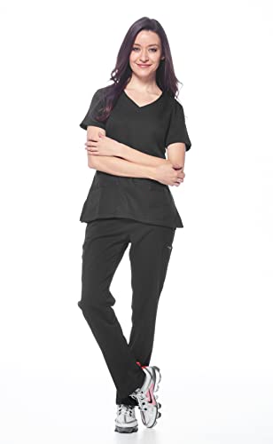 Dagacci Medical Uniform Women's Scrubs Set Stretch Ultra Soft V-Neck Top And Pants Black Xxl #TOP1