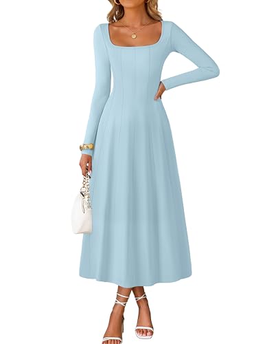 MEROKEETY Damen 2025 Herbst Langarm Midikleid Quadratischer Ausschnitt A-Linie Cocktail Party Hochzeit Gäste Kleider, Hellblau, Klein