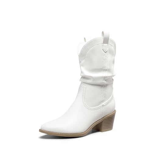 DREAM PAIRS Women's Cowgirl Boots, Mid Calf Western Cowboy Chunky Heel Boots, Slouchy & Pull-on Ankle Booties for women 10 White