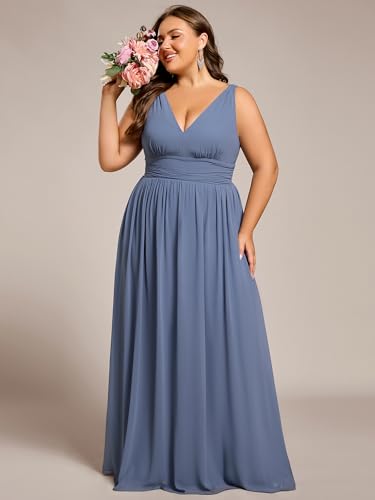 Image of Ever-Pretty V Neck Sleeveless Pleated Chiffon Maxi Plus Size Formal Dress for Women Bridesmaid Dresses 09016-DA