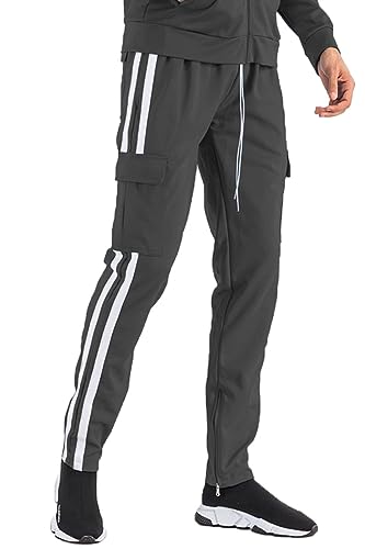 WEIV GEAR Men’s Track Pants – Casual Two Stripe Cargo Pocket Ankle Zipper Sweatpants Joggers Active Athletic Workout