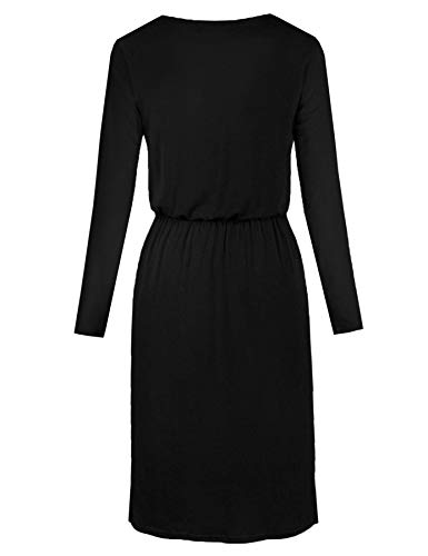 Guosurelly Womens Elegant Fall Long Sleeve Tie-Belt Modest Midi Work Casual Dress Knee Length with Pockets Fashion(Black,Large)