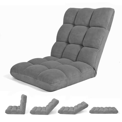 KehaoCharm Folding Floor Gaming Chair with Back Support, Padded Sleeper Bed with 14 Adjustable Position, Lazy Sofa Chair for Adults & Kids, Couch Recliner for Meditation, Living Room, Bedroom (Grey)