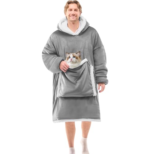 JOYWOO Oversized Wearable Blanket Hoodie,Cat Lovers Long Hoodie Blanket for Adult,Birthday Gifts for Women Mom Friend,Cozy Sweatshirt Hooded Blanket Giant Pocket Winter Gifts,Silver Grey,Oversize