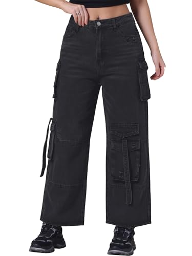 Women's Cargo Jeans Straight Wide Leg High Waist 8 Pockets Casual Baggy Denim Pants