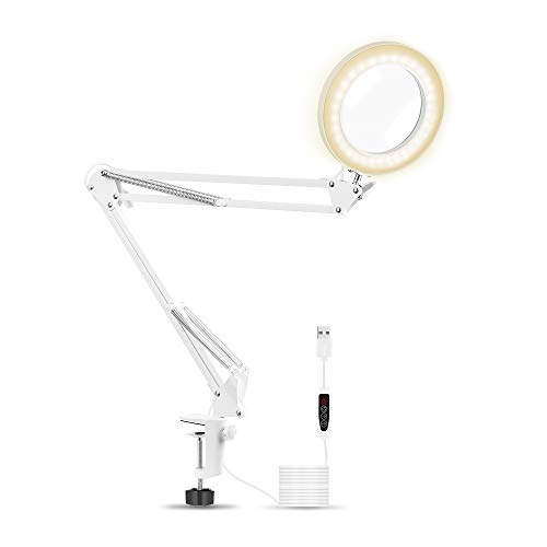5X LED Lampe à pince grossissante, 27 pouces Lampe à bras pivotant réglable 3 modes de couleur Loupe Lampe de bureau pour table de lecture/bureau Artisanat ou établi