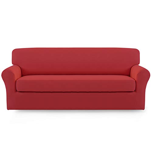 Image of Easy-Going 2 Pieces Stretch Oversized Couch Sofa Slipcover Washable | Spandex Soft Fitted Sofa Couch Cover for Sofa Furniture Protector with Bottom Kids,Pet Dog Christmas Red