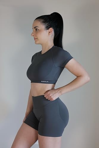 Image of AUROLA Influence Women Crop Top Short Sleeve Compression Workout T-Shirt | Raglan Short Sleeve Crop Top, High-Stretch Seamless Knit, Stay-Put Ribbed Underband, Soft Breathable Comfort