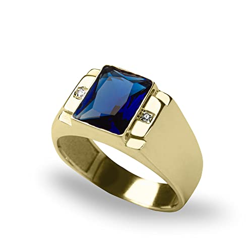 Blake’s Men's 10K Solid Yellow Gold Ring with Baguette-Cut Gemstone Center - Sapphire, Emerald, Ruby, Citrine, Amethyst, or Topaz - and Diamond Accents - Birthstone Fine Jewelry Gift for Him or Dad (Sizes 5-15)