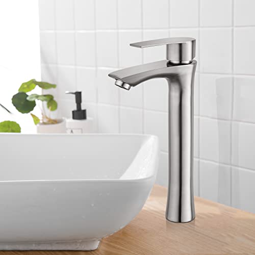 Brushed Nickel Bathroom Tall Faucet Without Overflow SUS304 Stainless Steel One Hole 1 Handle Deck Mount Vessel Basin Sink Mixer Tap Square Spout Lavatory Vanity Faucets Pop Up Drain Included