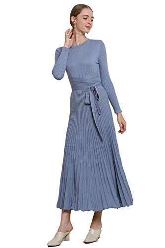 Image of Women's Long Knit Crewneck Sweater Dress Tie Waist A-Line Swing Pleated Bodycon