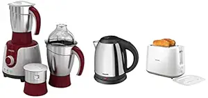 Philips HL 7720 Mixer Grinder, 750W, 3 Jars (Multicolour)&Philips Daily Collection HD2582/00 830-Watt 2-Slice Pop-up Toaster (White)&Philips HD9303/02 1.2-Litre Electric Kettle (Multicolor)