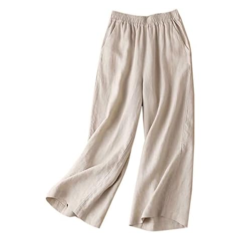 IXIMO Women's Linen Pants Elastic Wasit Wide Leg Long Palazzo Pants Trousers Beige XL Cover
