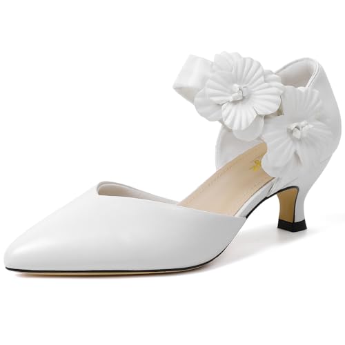 RIBONGZ Women's Low Kitten Heel Pumps Comfortable Pointed Toe Dress Shoes Flower Strap Slip On Dressy Heels for Wedding Dancing Party Office Work