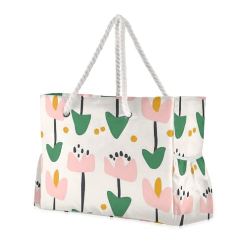 Blush Tulip Floral Motif Large Beach Bag, Travel Tote Bag Zippered, Water Resistant Family Size for Seaside, Shower Stall, Swiming Pool