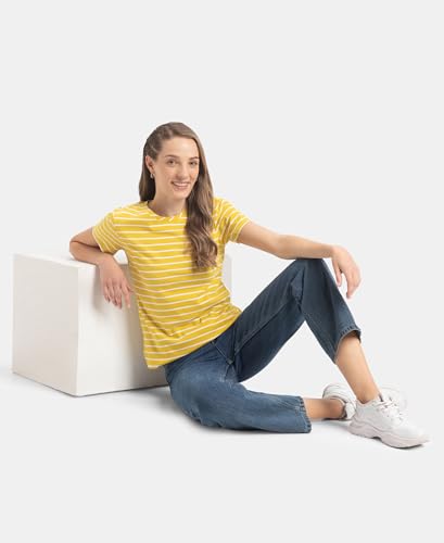 Image of Jockey A121 Women Super Combed Cotton Stripe Fabric Relaxed Fit Round Neck Half Sleeve T-Shirt with Curved Hem Styling