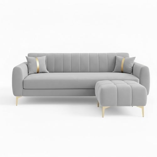 Image of Hermione 4 Seater L Shape Sofa Set with Movable Ottoman | Flexible Left or Right Layout | Luxe Velvet Suede Fabric | Comfortable Seating | Modern Sofa for Living Room - Light Gray