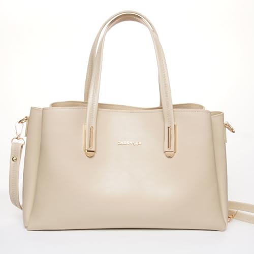 Image of Carrylux Women's Top Handle Bag | Hand Held bag | Stylish Patent Synthetic Leather Handbag with Dual Handles & Detachable Sling Strap | Beige Shoulder Purse for Work & Casual Outings