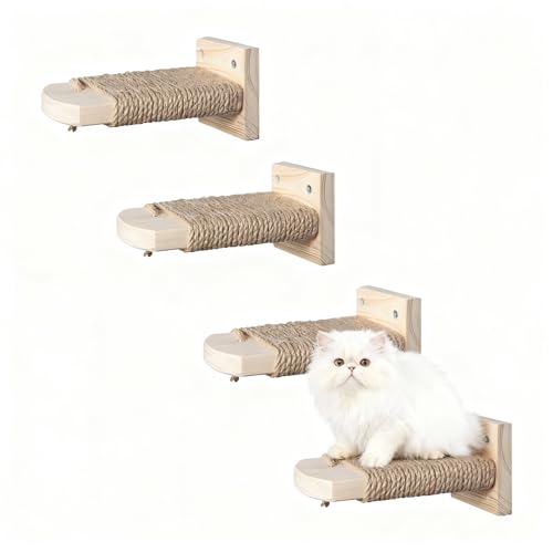4 in 1 Kletterwand für Katzen Katzentreppe Wand, Wandliege mit Juteseil zum Kratzen, Katzentreppe Plattform aus Massives Gummiholz, für Katze...
