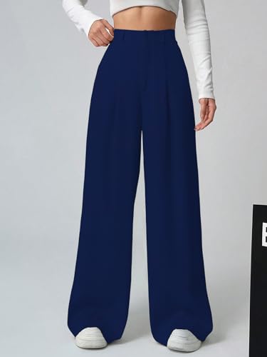 Image of Shasmi Women's Loose Mid Rise Solid, Pleated Trousers, Wide Leg Pocket Casual Long Korean Trousers Pant (146)