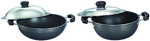 Image of Prestige Omega Select Plus Aluminium Non-Stick Round Base Kadhai with Lid, 20 cm, Black & Prestige Aluminium Omega Select Plus Non-Stick Flat Base Kadhai with Lid, 20cm, 2.2 Liters, Black