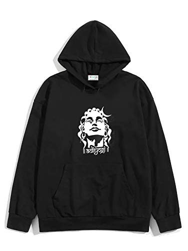 Image of The SV Style Random Print Graphic Print Pullover Hoodie, Black, Long Sleeve with Kangaroo Pocket 320 GSM Fleece Inside