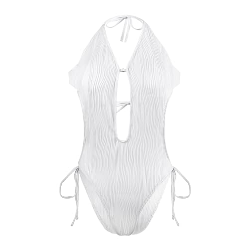 Sexy One Piece Swimsuit for Women Halter Deep V Neck Side Tie Bathing Suit Tummy Control High Cut Monokini Swimwear2