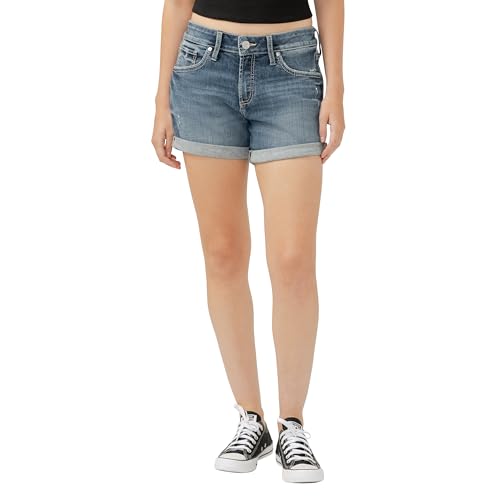 Silver Jeans Co. Women's Boyfriend Mid Rise Shorts, Dark Wash, 27