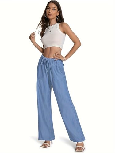 Image of TOPLOT Woman's Wide Leg Drawstring Trousers with Elastic Waist | Relaxed Fit Casual Pants with Pockets | Comfortable Everyday Wear for Travel and Office Wear (5251)