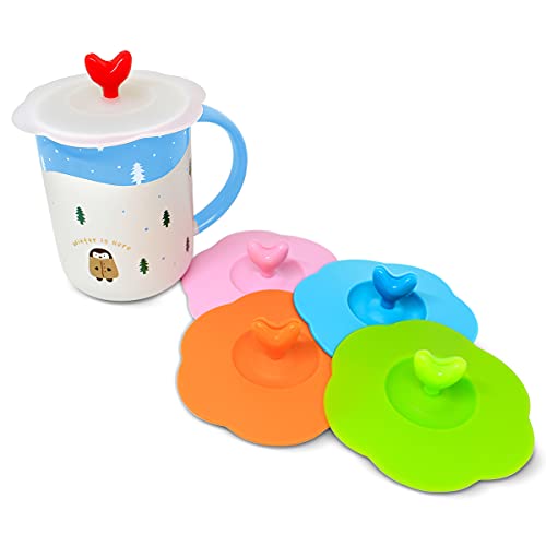 JJOnlinestore - Juego de tapas de silicona con ventosa y sujetador de cucharas en forma de corazón. Para tazas de café y té, silicona, 5 unidades Cover