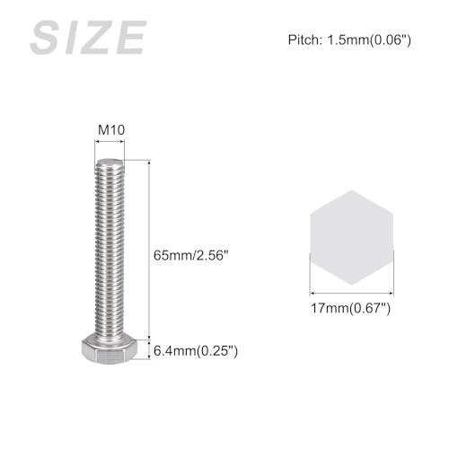 Image of METALLIXITY Hex Bolts (M10-1.5x65mm) 5Pcs, 304 Stainless Steel Coarse Fully Threaded Hex Head Screw Bolt Machine Screws - for Furniture Repair, Silver