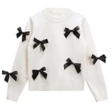 Danny D Young Girl′s Bowknot Sequin Knitted Sweater Crew Neck Long Sleeved Tops for Autumn and Winter (US, Age, 9 Years, Beige)