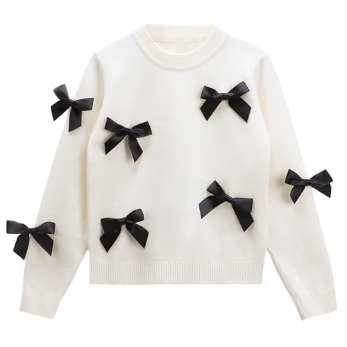 Danny D Girl' s Bow Crew Neck Pullover Sweaters Girl Children Long Sleeve Knitted Sweater (US, Age, 4 Years, White)