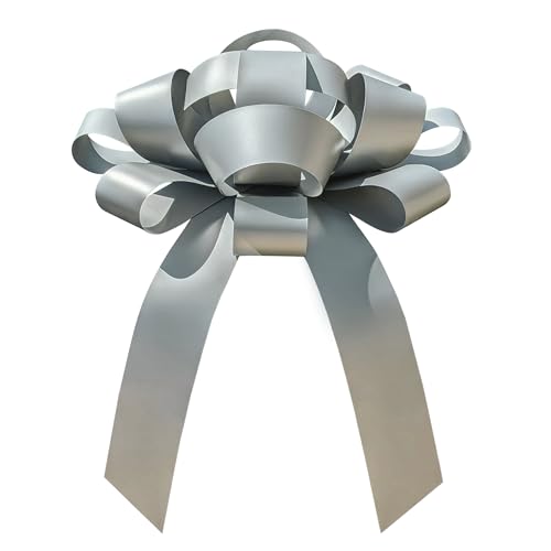 Image of CarBowz Big Car Bow for Decorations and Birthday Gifts, Large Ribbon, Magnet, Sticker Included, Fully Assembled 30 inch Wide Huge Bow, No Suction Cup Needed (Silver)