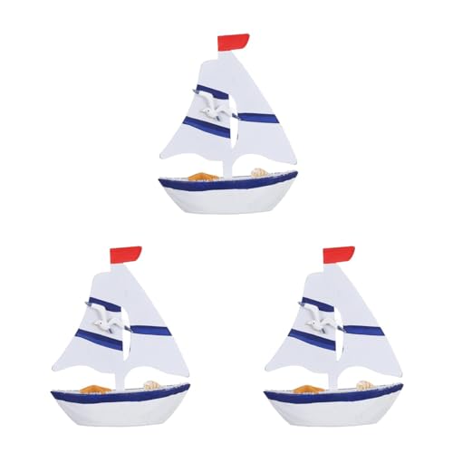 LUOZZY 3 Pcs Mediterranean Mini Wooden Sailboat Decor for Desktop Display Coastal Photography Props with Seagull Accent
