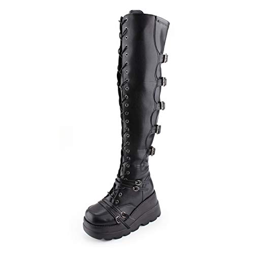 SWYIVY Women's Black Over the Knee Platform Chunky Boots Sexy Thigh Wedge Buckle Side-Zip Lace-Up Motorcycle Riding