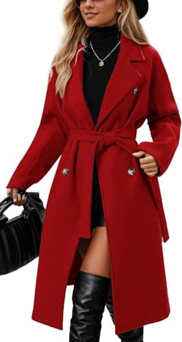 Abrigo Largo de Tweed de Invierno para Mujer Abrigo Cruzado con Solapa Resistente al Viento cálido clásico de Invierno Gabardina con cinturón (Rojo,S)