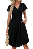JayscreateEU Sommerkleid Damen Lang Midikleid Mit Taschen V Ausschnitt Kurzarm Festliche Elegantes A  Linien Kleid Tunikakleid,Schwarz,XXL