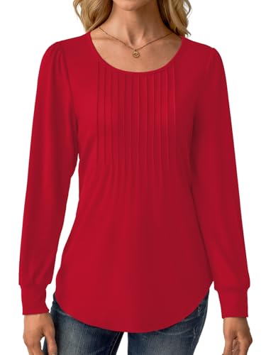 Women Long Sleeve Shirts Fall Tops Dressy Pleated Scooped Neck Tunic Tops for Leggings S-3XL4