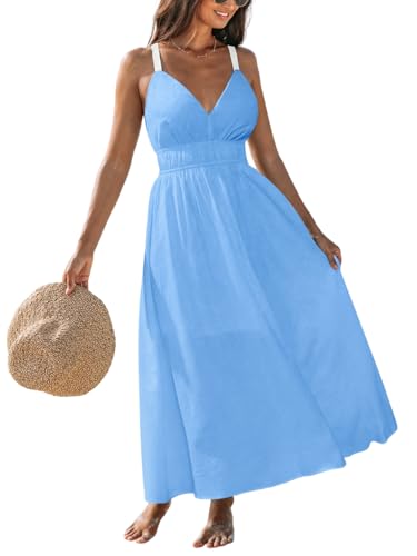 Image of CUPSHE Women 2026 Summer Beach Maxi Dress Plunge V Backless Cami Strape Smocked Waist Sun Dress Long Wedding Guest Dress