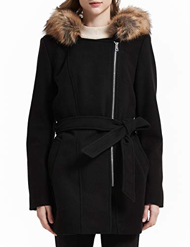 Bellivera Women's Faux Woolen Fleece Trench Coat Belted, The Overcoat Hooded with Detachable Fur Collar 07CL Black XX-Large