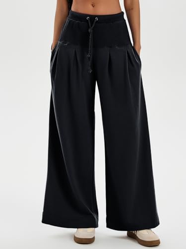 Tankaneo Womens Pleated Wide Leg Sweatpants Baggy Drawstring High Waisted Pants Casual Comfy Palazzo Lounge Pants3