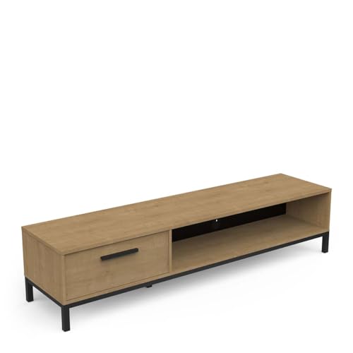 Demeyere Meuble TV 180 cm en Bois – Style Industriel – Coloris Chêne Hamilton & Finitions Noir Mat - 183 x 41 x 45 cm