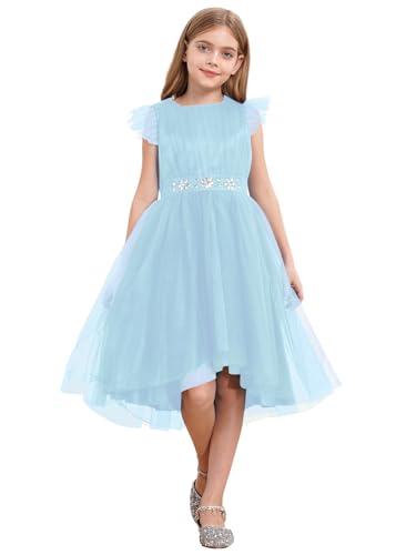 Xnihocha Elegante vestido de niña festivo Midi flores niña vestidos sin mangas vestido de dama de honor vestido de fiesta, azul claro, 146-152