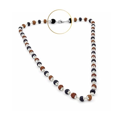 Image of Karungali Malai Silver Plated Original with Rudraksha | 54 Beads Ebony wood Panchmukhi Rudraksha Mala Goverment Lab Test Certification Mala with German Silver-Caps | Authentic Karungali Malai for Spiritual Protection, Wisdom & Positivity | Gift for Men & Women - 1 Piece