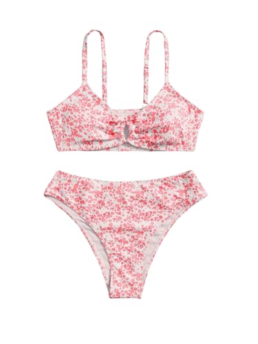 Image of COZYEASE Girls' 2 Piece Ditsy Floral Print Knot Front Ruched Triangle Bikini Swimsuit